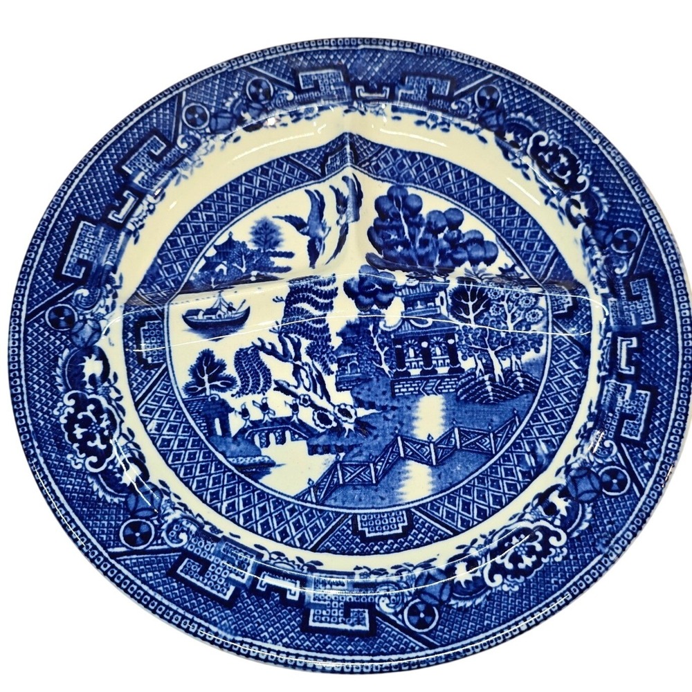 Vintage‎ Blue China Willow Divided 10" Plate Food Portion Neurodivergent England